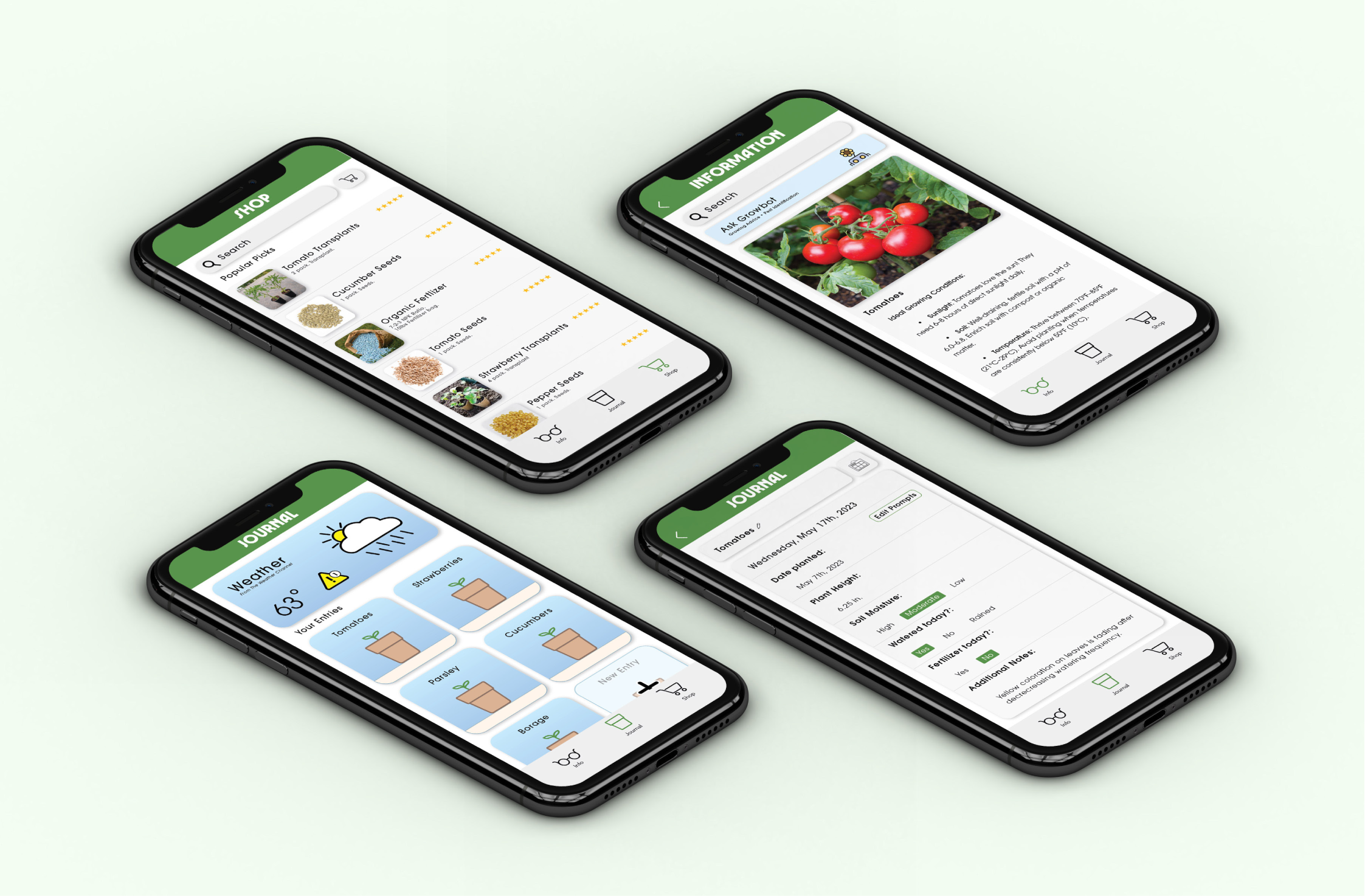 Good To Grow App: gardening app screens for shop, plant information and journal